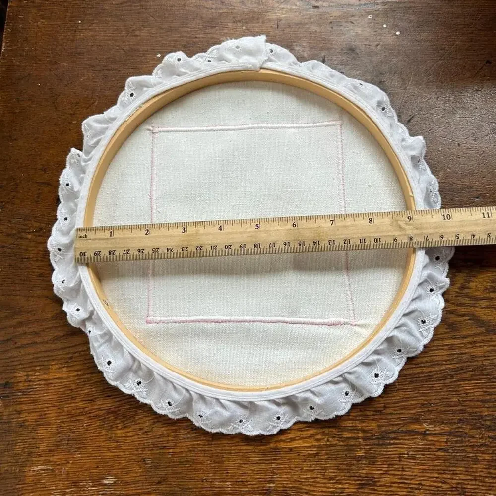 9” vintage pastel cottagecore squirrel wall art hoop w pink ribbon & eyelet lace